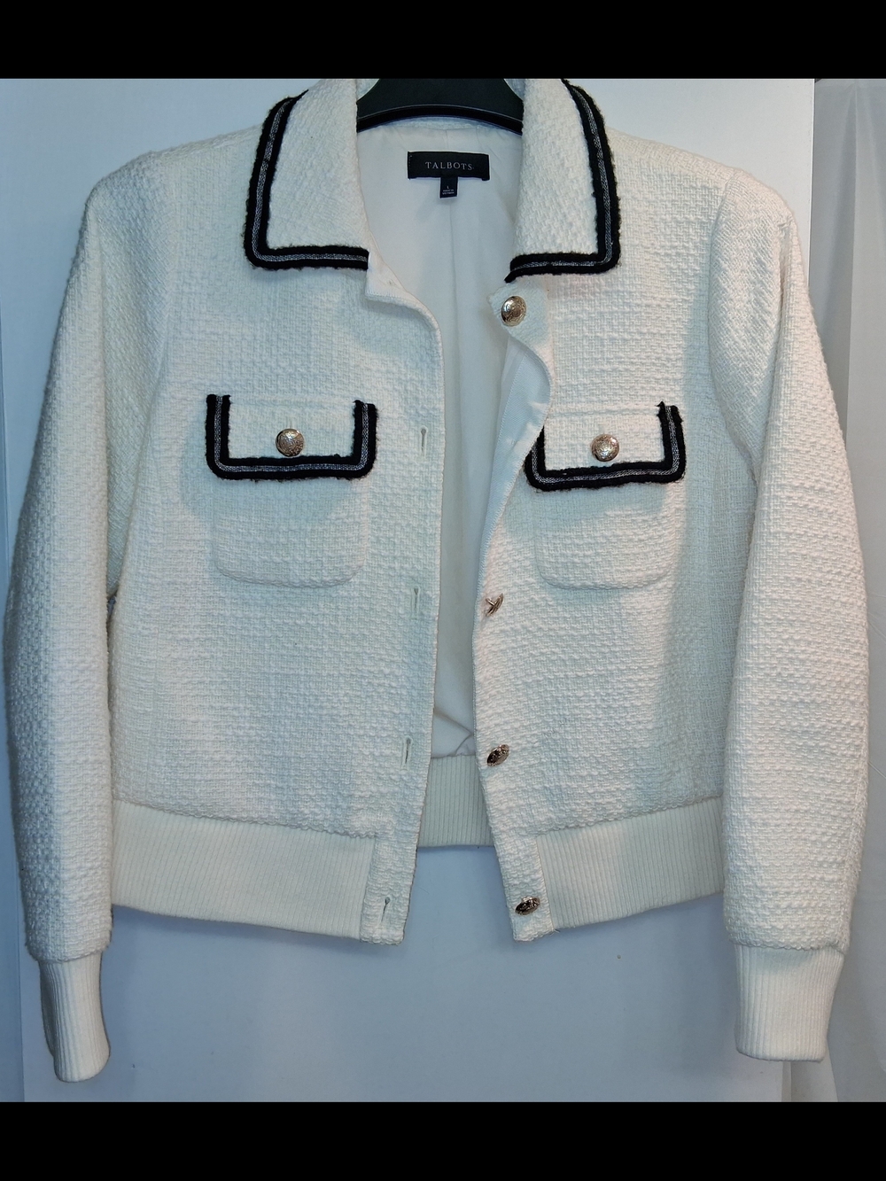 Talbots Cream Tweed Bomber Style Jacket with Black Trim